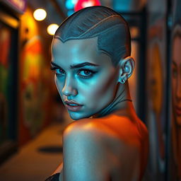 A captivating scene showcasing the striking beauty of a hot young woman with an intricately shaved head, emphasizing her unique style and confidence