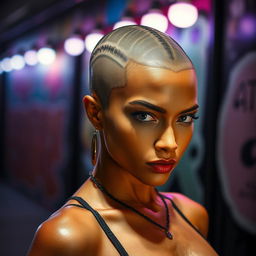 A captivating scene showcasing the striking beauty of a hot young woman with an intricately shaved head, emphasizing her unique style and confidence