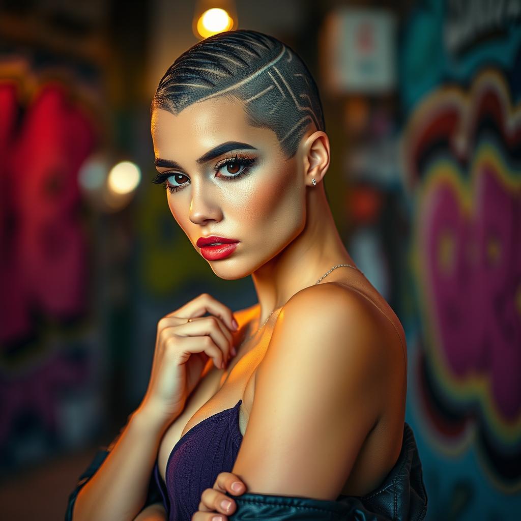 A captivating scene showcasing the striking beauty of a hot young woman with an intricately shaved head, emphasizing her unique style and confidence