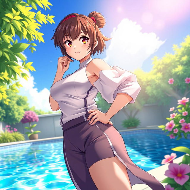 A dynamic scene featuring Mei Mei, the character from Jujutsu Kaisen, standing confidently beside an outdoor swimming pool