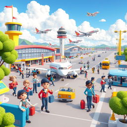 A vibrant 3D animated cartoon depicting a lively airport area
