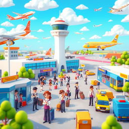 A vibrant 3D animated cartoon depicting a lively airport area