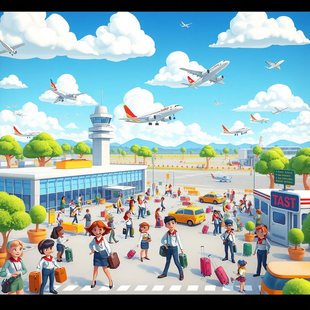 A vibrant 3D animated cartoon depicting a lively airport area