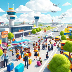 A vibrant 3D animated cartoon depicting a lively airport area