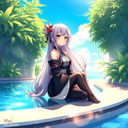 A stunning illustration of the character Mei Mei from Jujutsu Kaisen, sitting gracefully by the edge of a tranquil pool