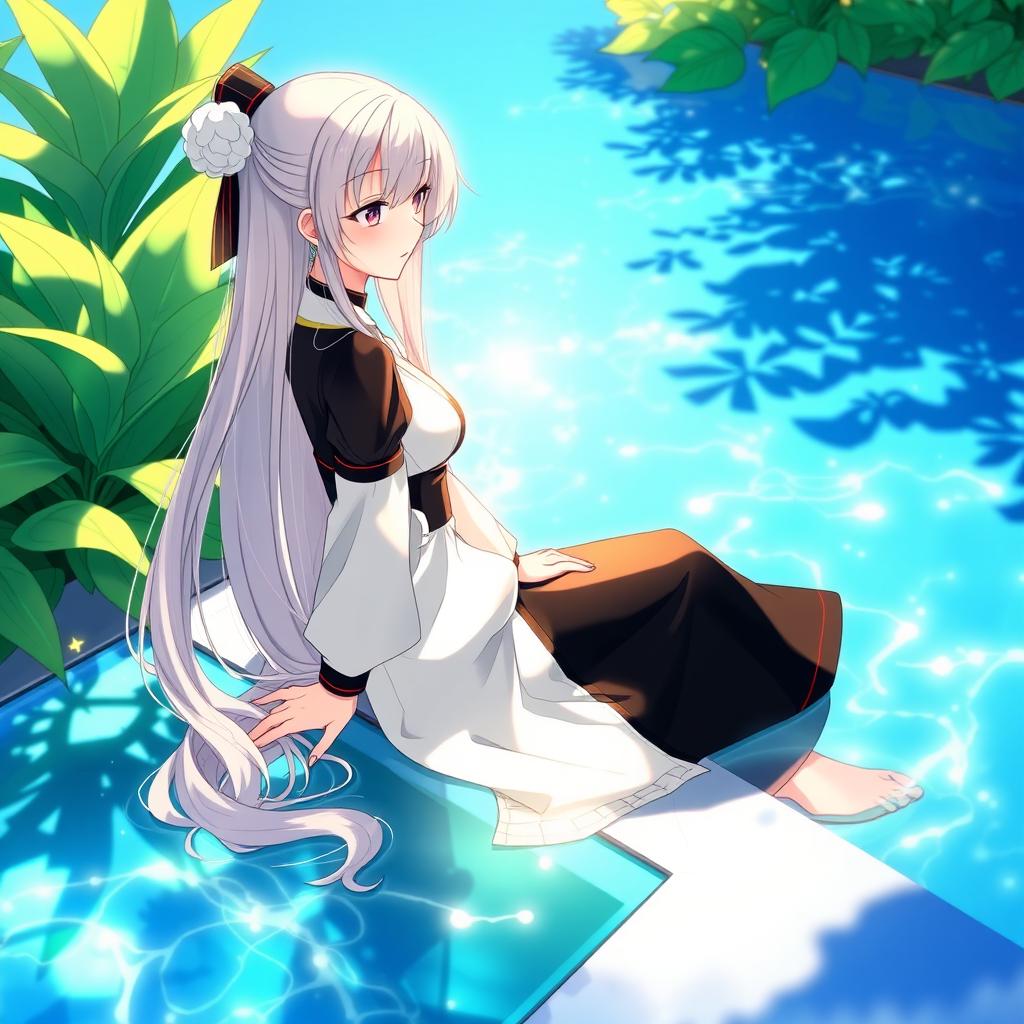 A stunning illustration of the character Mei Mei from Jujutsu Kaisen, sitting gracefully by the edge of a tranquil pool