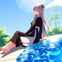 A stunning illustration of the character Mei Mei from Jujutsu Kaisen, sitting gracefully by the edge of a tranquil pool