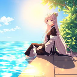 A stunning illustration of the character Mei Mei from Jujutsu Kaisen, sitting gracefully by the edge of a tranquil pool