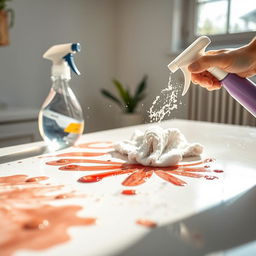 A pristine white surface being cleaned, showing the removal of various stains with a bright, inviting atmosphere