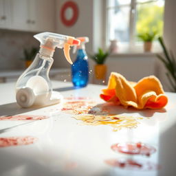 A pristine white surface being cleaned, showing the removal of various stains with a bright, inviting atmosphere