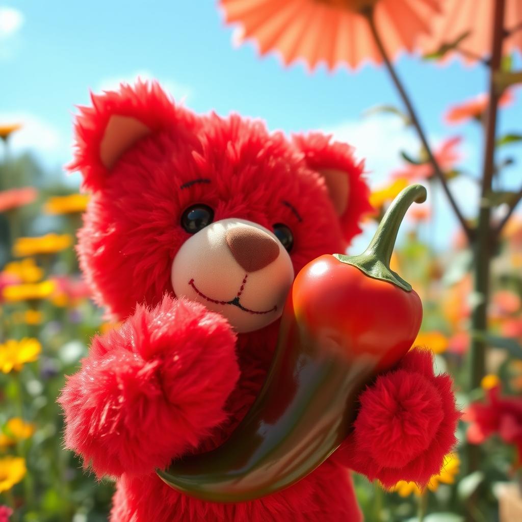 A cute red teddy bear holding a spicy pepper, with a playful expression