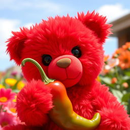 A cute red teddy bear holding a spicy pepper, with a playful expression