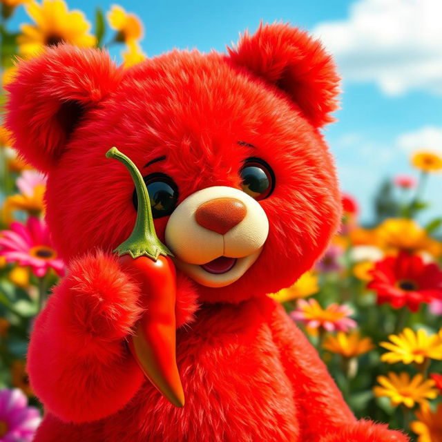 A cute red teddy bear holding a spicy pepper, with a playful expression