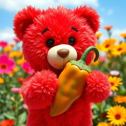 A cute red teddy bear holding a spicy pepper, with a playful expression