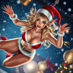 A sexy blonde Christmas elf wearing a festive Santa bikini, featuring striking blue eyes and vivid red lips