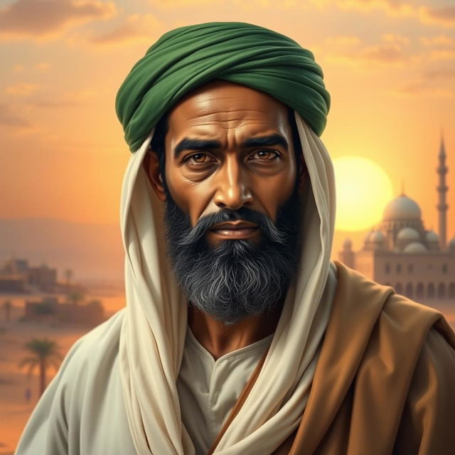 A captivating historical portrait of Bilal Ibn Rabah, the famed companion of the Prophet Muhammad, depicted with an aura of dignity and strength