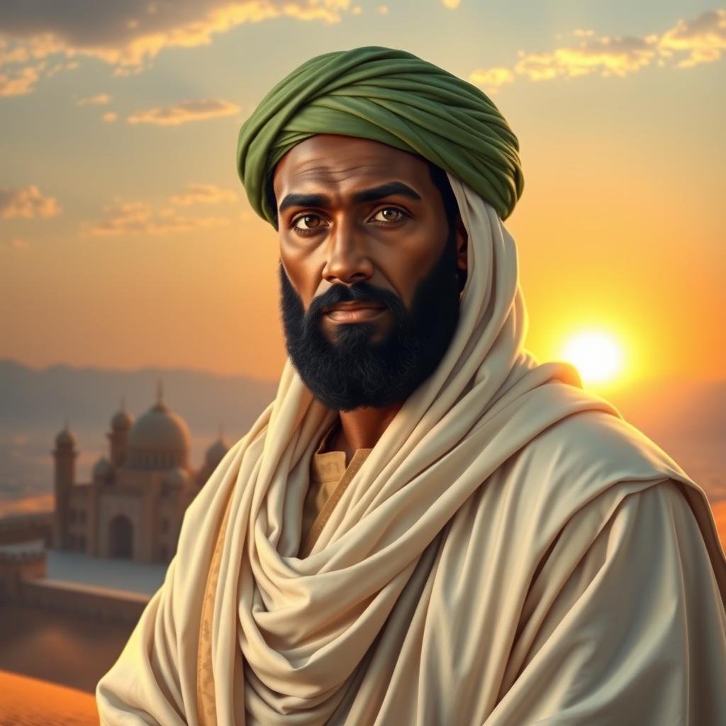 A captivating historical portrait of Bilal Ibn Rabah, the famed companion of the Prophet Muhammad, depicted with an aura of dignity and strength