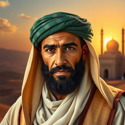 A captivating historical portrait of Bilal Ibn Rabah, the famed companion of the Prophet Muhammad, depicted with an aura of dignity and strength