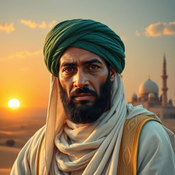 A captivating historical portrait of Bilal Ibn Rabah, the famed companion of the Prophet Muhammad, depicted with an aura of dignity and strength