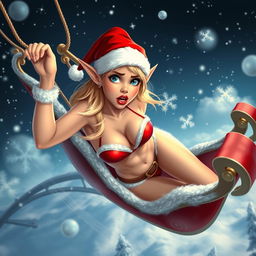 A sexy blonde Christmas elf wearing a Santa bikini, featuring striking blue eyes and red lips, appears to be falling out of a flying Santa sleigh