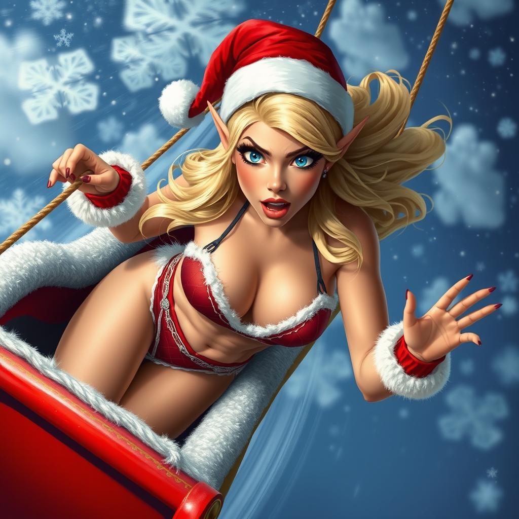 A sexy blonde Christmas elf wearing a Santa bikini, featuring striking blue eyes and red lips, appears to be falling out of a flying Santa sleigh