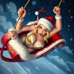 A sexy blonde Christmas elf wearing a Santa bikini, featuring striking blue eyes and red lips, appears to be falling out of a flying Santa sleigh