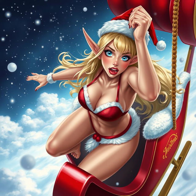 A sexy blonde Christmas elf wearing a Santa bikini, featuring striking blue eyes and red lips, appears to be falling out of a flying Santa sleigh