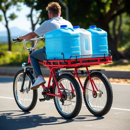 A mini bike designed to carry a single person and transport large water gallon jugs, featuring a sturdy frame with a customized rear rack to securely hold the gallons