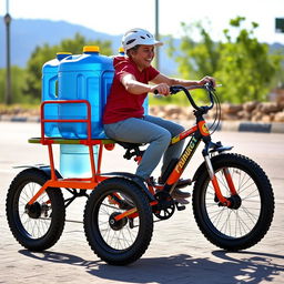 A mini bike designed to carry a single person and transport large water gallon jugs, featuring a sturdy frame with a customized rear rack to securely hold the gallons