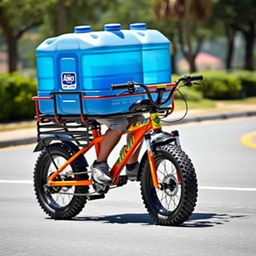 A mini bike designed to carry a single person and transport large water gallon jugs, featuring a sturdy frame with a customized rear rack to securely hold the gallons