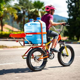 A mini bike designed to carry a single person and transport large water gallon jugs, featuring a sturdy frame with a customized rear rack to securely hold the gallons