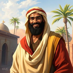 A vibrant and detailed digital painting of Bilal Ibn Rabah, an important figure in Islamic history, portrayed as a strong and dignified man