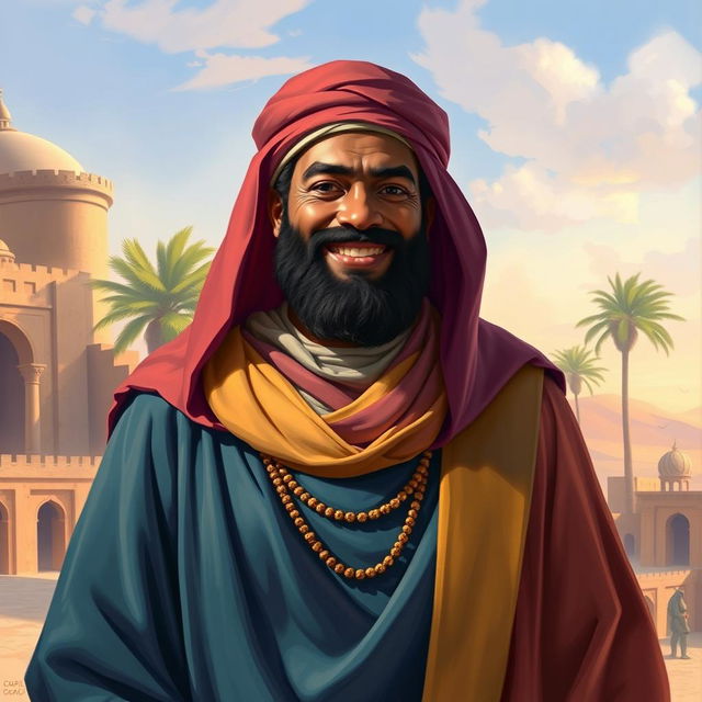 A vibrant and detailed digital painting of Bilal Ibn Rabah, an important figure in Islamic history, portrayed as a strong and dignified man