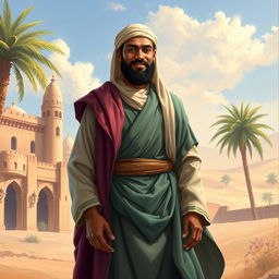 A vibrant and detailed digital painting of Bilal Ibn Rabah, an important figure in Islamic history, portrayed as a strong and dignified man