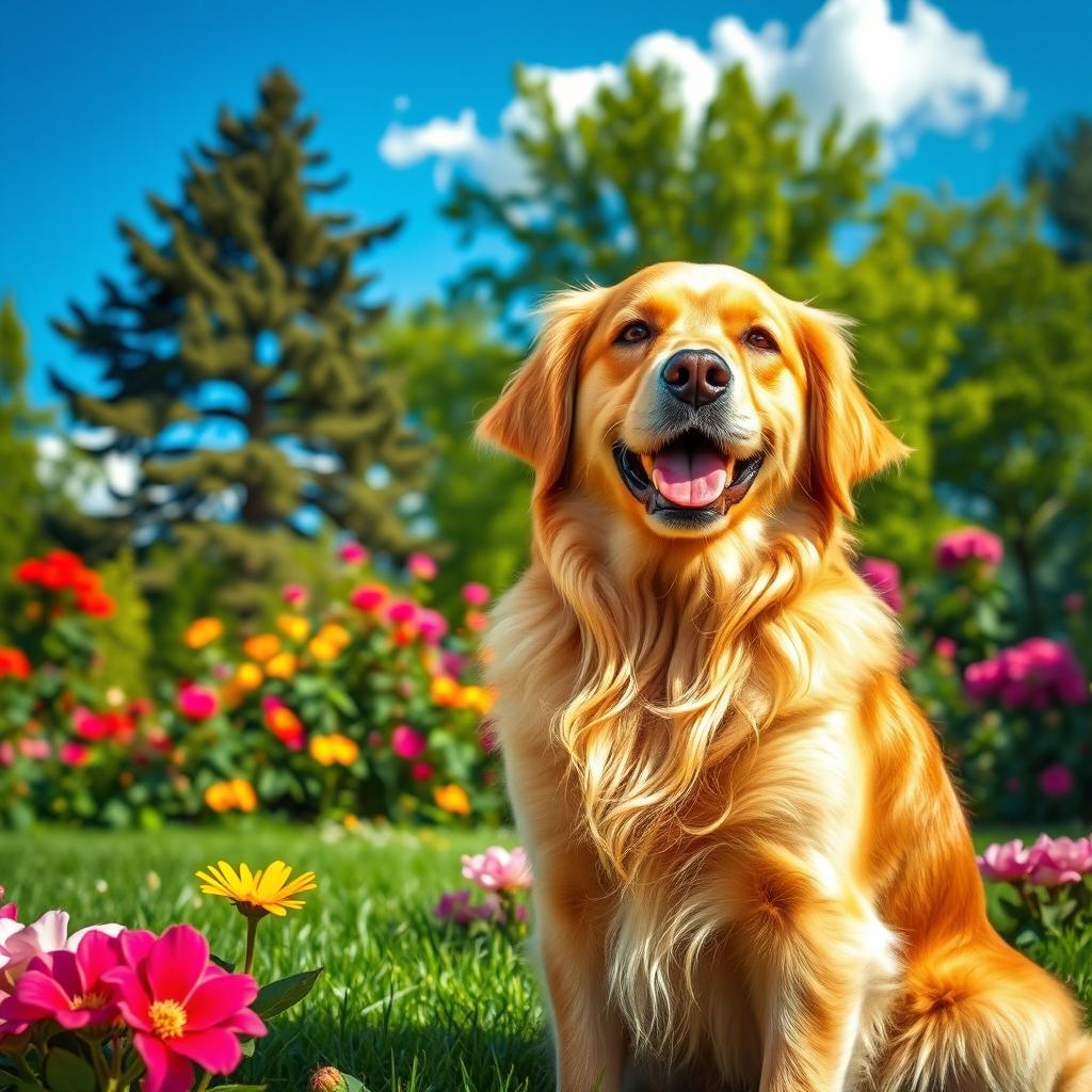 A beautifully detailed portrait of a dog, showcasing a Golden Retriever sitting in a lush green park during a sunny day