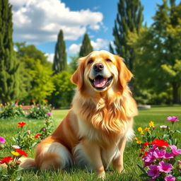 A beautifully detailed portrait of a dog, showcasing a Golden Retriever sitting in a lush green park during a sunny day