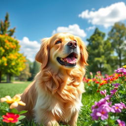A beautifully detailed portrait of a dog, showcasing a Golden Retriever sitting in a lush green park during a sunny day