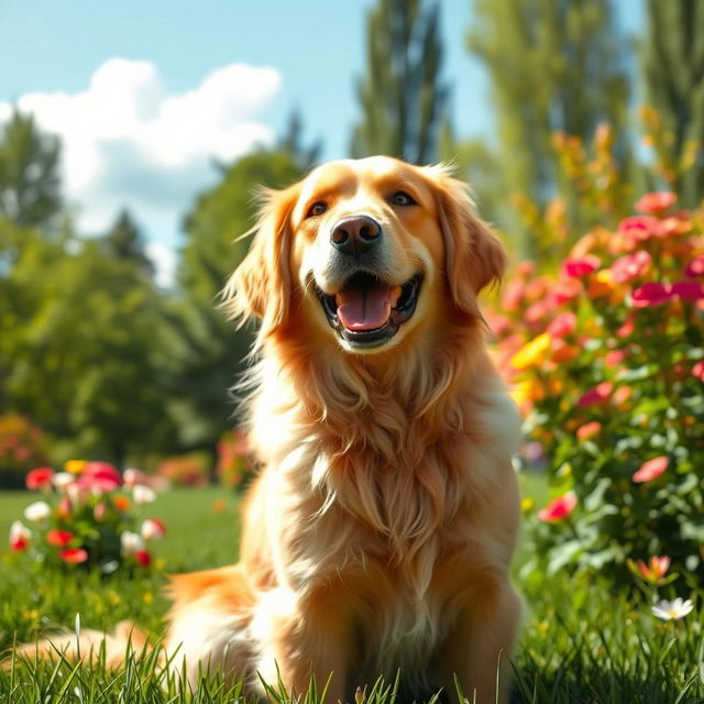 A beautifully detailed portrait of a dog, showcasing a Golden Retriever sitting in a lush green park during a sunny day