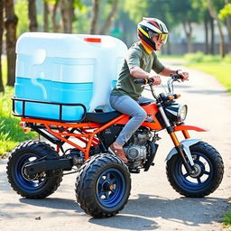 A mini bike, designed for a single rider, equipped with a four-wheeled motorcycle style engine for enhanced power and stability