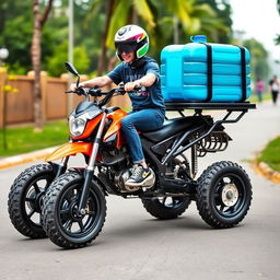 A mini bike, designed for a single rider, equipped with a four-wheeled motorcycle style engine for enhanced power and stability