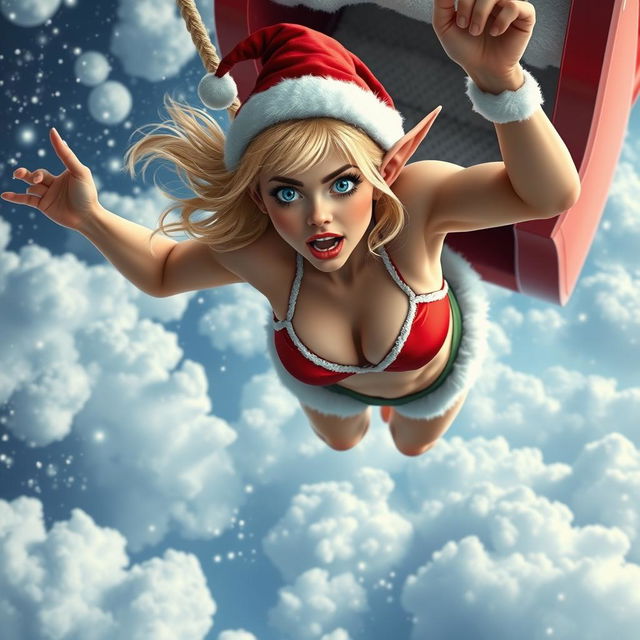 A sexy blonde Christmas elf wearing a Santa bikini, featuring striking blue eyes and vibrant red lips, is falling dramatically from a flying Santa sleigh