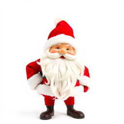 A whimsical Santa Claus with a cheerful expression, featuring classic red and white attire, including a fluffy white beard and a red hat with a white pom-pom, standing upright with visible legs