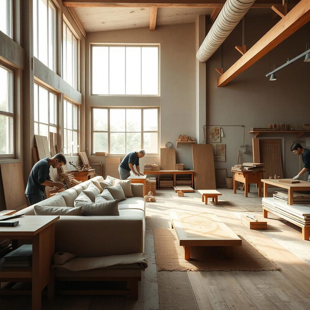 A carpentry workshop space designed for crafting sofas, featuring a theme inspired by the Achaemenid era, characterized by minimalistic two-dimensional shapes and designs