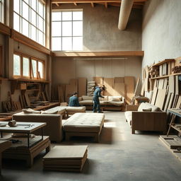 A carpentry workshop space designed for crafting sofas, featuring a theme inspired by the Achaemenid era, characterized by minimalistic two-dimensional shapes and designs