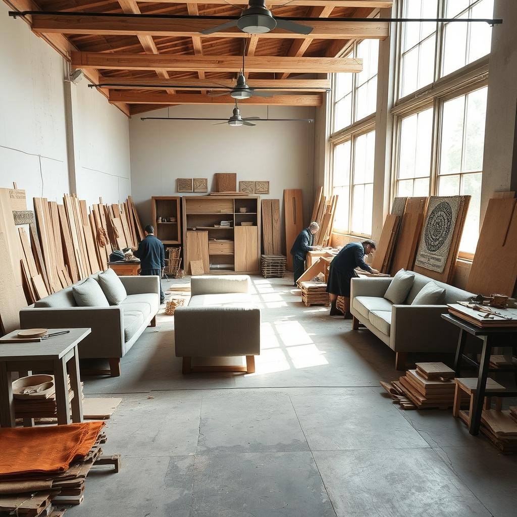 A carpentry workshop space designed for crafting sofas, featuring a theme inspired by the Achaemenid era, characterized by minimalistic two-dimensional shapes and designs