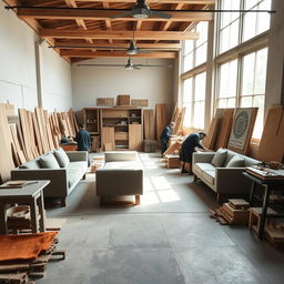 A carpentry workshop space designed for crafting sofas, featuring a theme inspired by the Achaemenid era, characterized by minimalistic two-dimensional shapes and designs