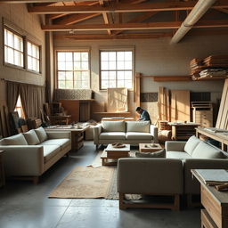 A carpentry workshop space designed for crafting sofas, featuring a theme inspired by the Achaemenid era, characterized by minimalistic two-dimensional shapes and designs