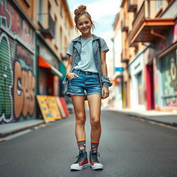 A fashion-forward young woman stands confidently in a chic urban setting, showcasing her unique style