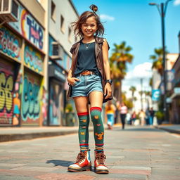 A fashion-forward young woman stands confidently in a chic urban setting, showcasing her unique style