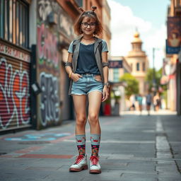 A fashion-forward young woman stands confidently in a chic urban setting, showcasing her unique style